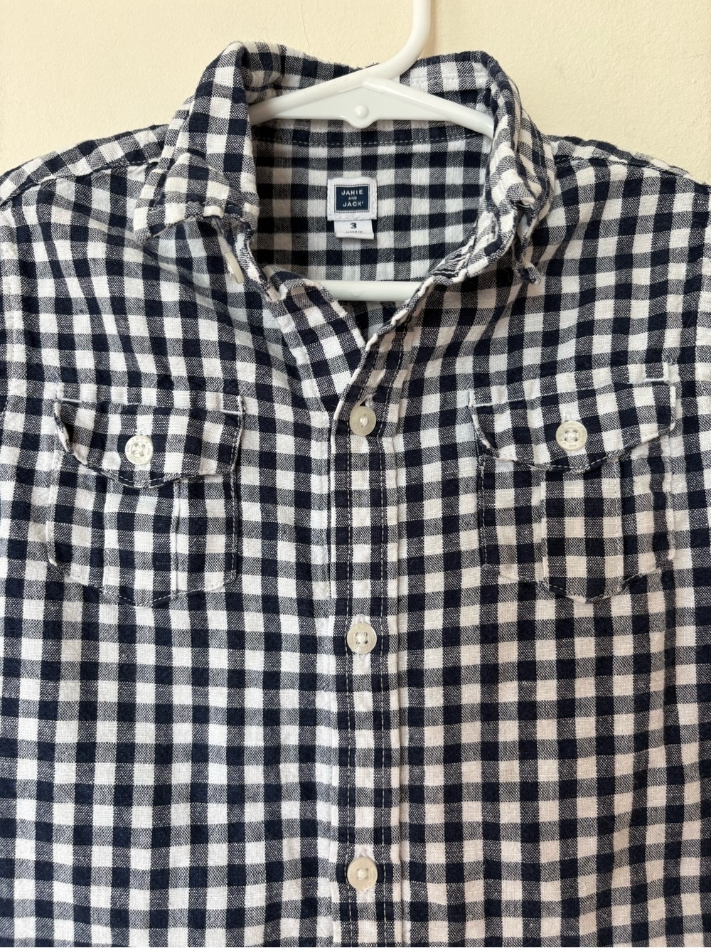 JANIE and JACK Gingham Linen/Cotton Button Down Shirt Navy Blue & White Sz 3 - Picture 2 of 11